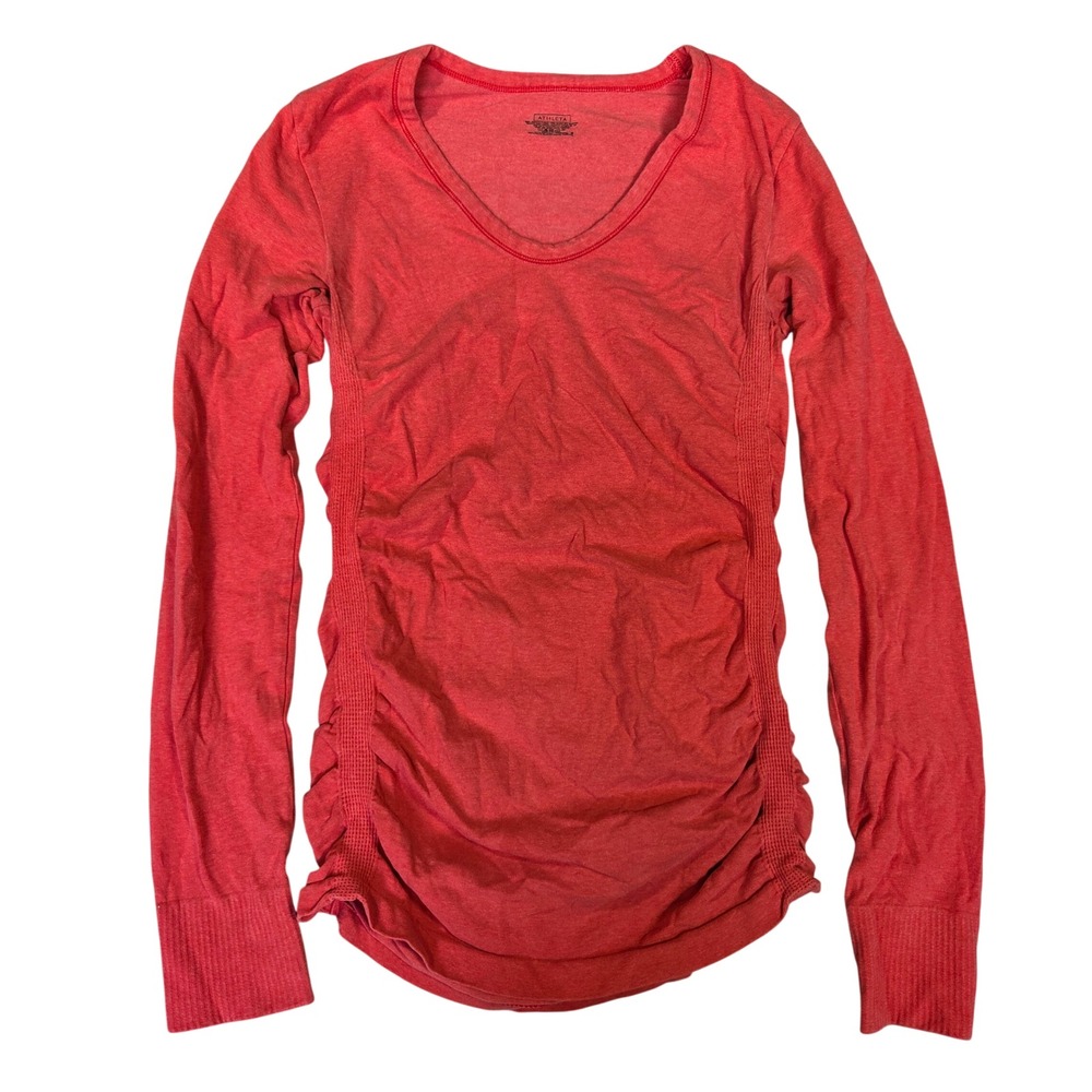 Athleta Women Red Organic Cotton Ruched V-Neck Long Sleeve Top 724901 Small